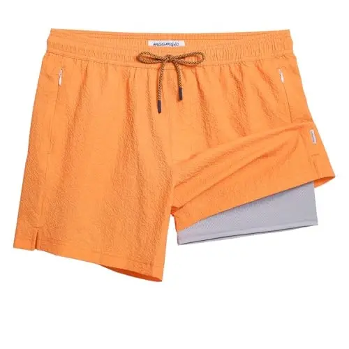 maamgic Men's Swim Trunks 5.5 inch Seersucker 2 in 1 Beach Shorts Quick Dry Bathing Suits with Compression Liner 