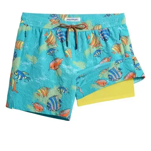maamgic Men's Swim Trunks 5.5 inch Seersucker 2 in 1 Beach Shorts Quick Dry Bathing Suits with Compression Liner - MODAZONE