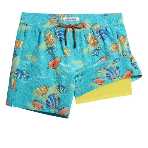 maamgic Men's Swim Trunks 5.5 inch Seersucker 2 in 1 Beach Shorts Quick Dry Bathing Suits with Compression Liner 
