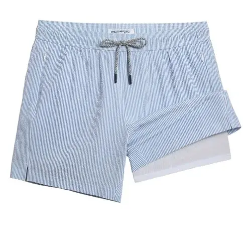 maamgic Men's Swim Trunks 5.5 inch Seersucker 2 in 1 Beach Shorts Quick Dry Bathing Suits with Compression Liner 