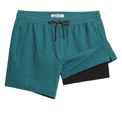 maamgic Men's Swim Trunks 5.5 inch Seersucker 2 in 1 Beach Shorts Quick Dry Bathing Suits with Compression Liner - MODAZONE