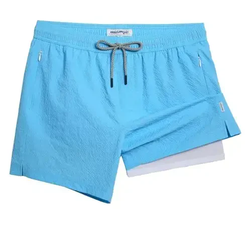 maamgic Men's Swim Trunks 5.5 inch Seersucker 2 in 1 Beach Shorts Quick Dry Bathing Suits with Compression Liner 