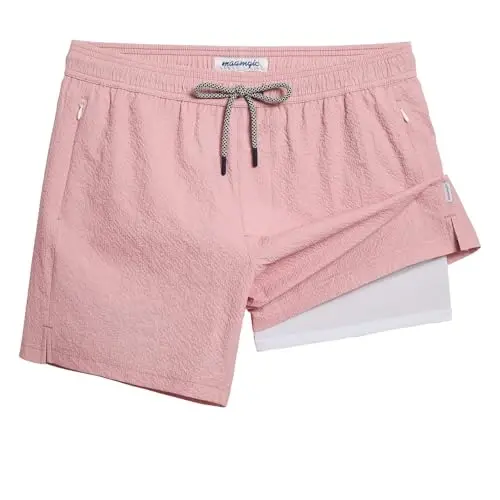 maamgic Men's Swim Trunks 5.5 inch Seersucker 2 in 1 Beach Shorts Quick Dry Bathing Suits with Compression Liner - 1