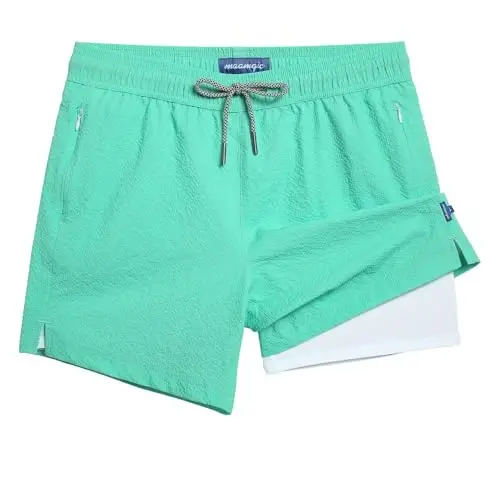 maamgic Men's Swim Trunks 5.5 inch Seersucker 2 in 1 Beach Shorts Quick Dry Bathing Suits with Compression Liner 