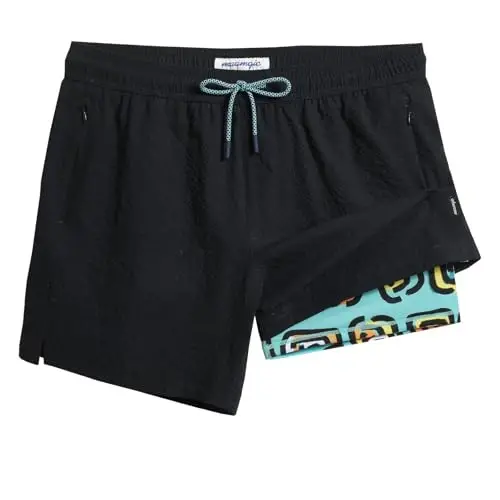 maamgic Men's Swim Trunks 5.5 inch Seersucker 2 in 1 Beach Shorts Quick Dry Bathing Suits with Compression Liner 
