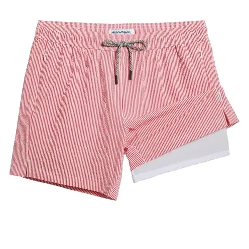 maamgic Men's Swim Trunks 5.5 inch Seersucker 2 in 1 Beach Shorts Quick Dry Bathing Suits with Compression Liner 
