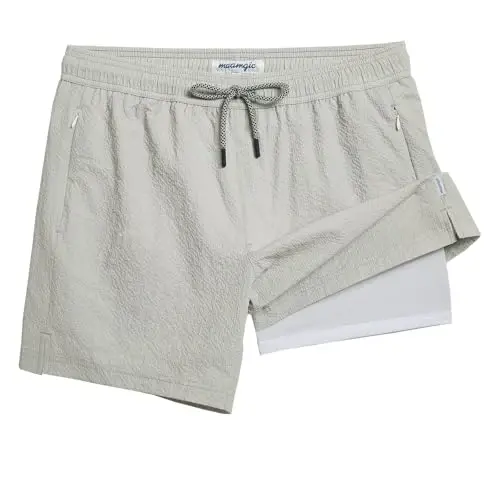 maamgic Men's Swim Trunks 5.5 inch Seersucker 2 in 1 Beach Shorts Quick Dry Bathing Suits with Compression Liner 