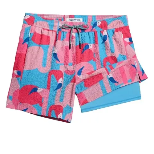 maamgic Men's Swim Trunks 5.5 inch Seersucker 2 in 1 Beach Shorts Quick Dry Bathing Suits with Compression Liner 