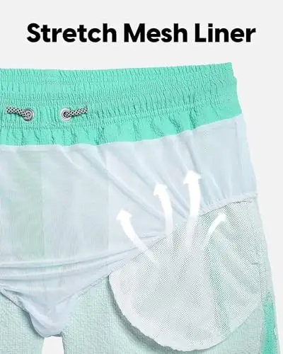 maamgic Men's Swim Trunks 5.5 inch Seersucker Beach Shorts Quick Dry Bathing Suits with Mesh Liner - 10