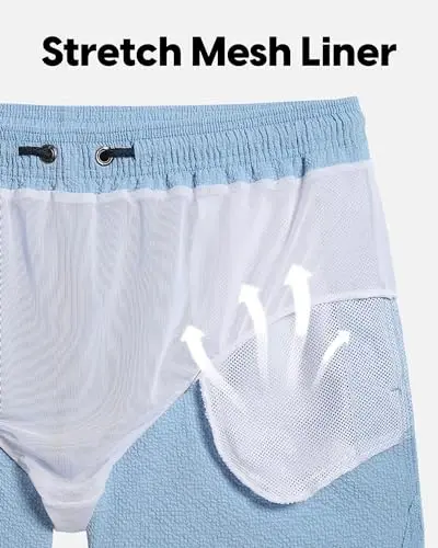 maamgic Men's Swim Trunks 5.5 inch Seersucker Beach Shorts Quick Dry Bathing Suits with Mesh Liner - 5