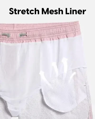 maamgic Men's Swim Trunks 5.5 inch Seersucker Beach Shorts Quick Dry Bathing Suits with Mesh Liner - 5