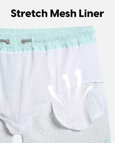 maamgic Men's Swim Trunks 5.5 inch Seersucker Beach Shorts Quick Dry Bathing Suits with Mesh Liner - 10