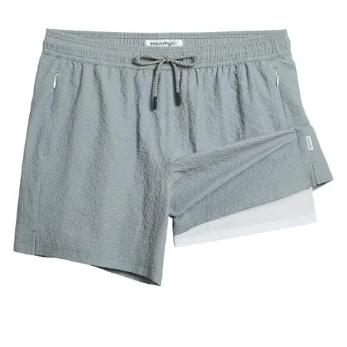 maamgic Men's Swim Trunks 5.5 inch Seersucker 2 in 1 Beach Shorts Quick Dry Bathing Suits with Compression Liner 