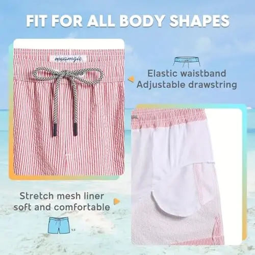 maamgic Men's Swim Trunks 5.5 inch Seersucker Beach Shorts Quick Dry Bathing Suits with Mesh Liner - 9