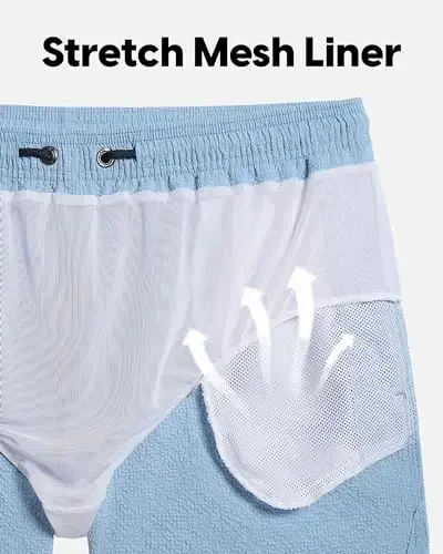 maamgic Men's Swim Trunks 5.5 inch Seersucker Beach Shorts Quick Dry Bathing Suits with Mesh Liner - 5