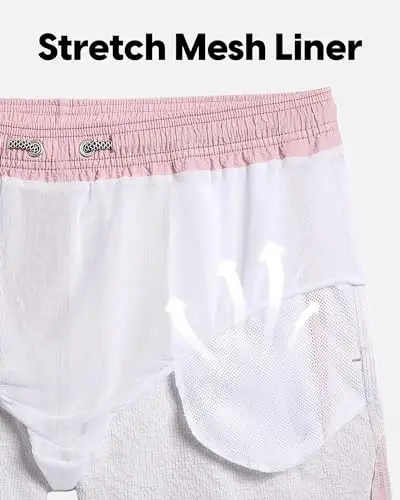 maamgic Men's Swim Trunks 5.5 inch Seersucker Beach Shorts Quick Dry Bathing Suits with Mesh Liner - 5