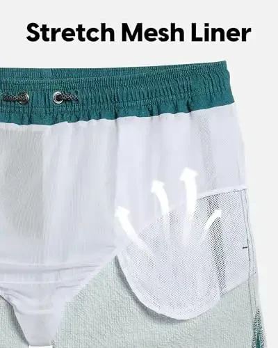 maamgic Men's Swim Trunks 5.5 inch Seersucker Beach Shorts Quick Dry Bathing Suits with Mesh Liner - 5