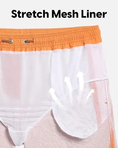 maamgic Men's Swim Trunks 5.5 inch Seersucker Beach Shorts Quick Dry Bathing Suits with Mesh Liner - 5