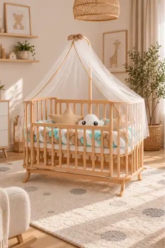 Mabela Beşik Ahşap Mint-Kahve Krem Örgü Koruma Set Ile - mint kahve - BebeK on For (1)