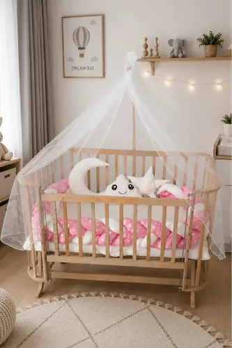 Mabela Cradle Wooden Pink Star with White Braided Bumper Set - Pink Star White 