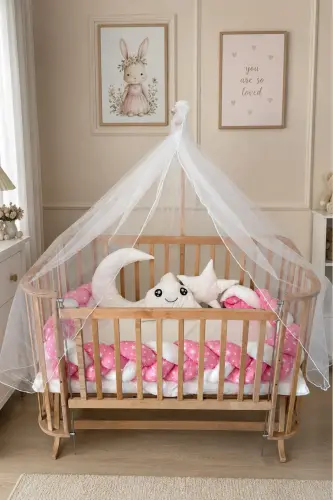 Mabela Cradle Wooden Pink Star with White Braided Bumper Set - Pink Star White - BEBEK ON FOR (1)