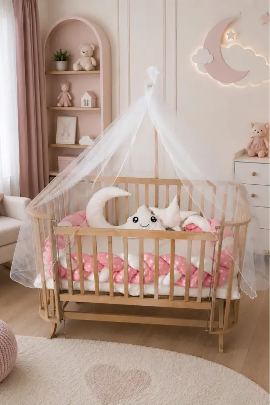 Mabela Cradle Wooden Pink Star with White Braided Bumper Set - Pink Star White - 4