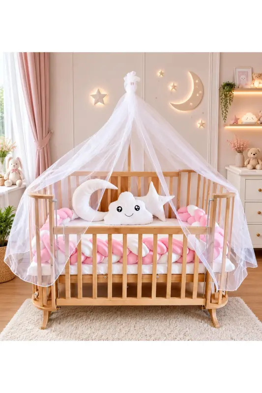 Mabela Cradle Wooden Pink White Knitted Protective Set With - White - BEBEK ON FOR