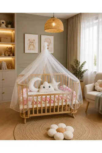 Mabela Cradle Wooden Pink White Knitted Protective Set With - White - 5