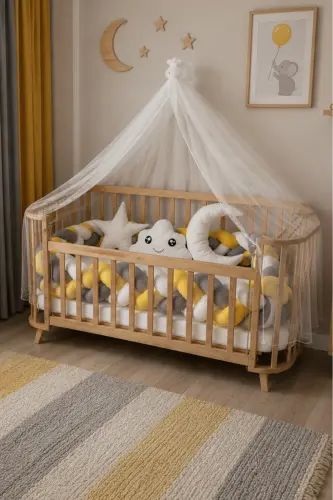 Mabela Cradle Wooden Yellow Gray White With Braided Protection Set - yellow gray white 