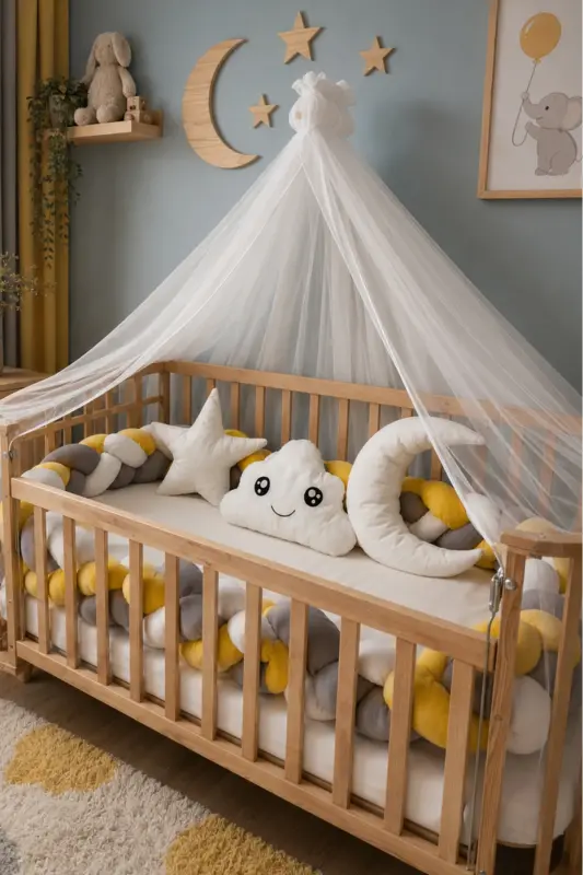 Mabela Cradle Wooden Yellow Gray White With Braided Protection Set - yellow gray white - 3
