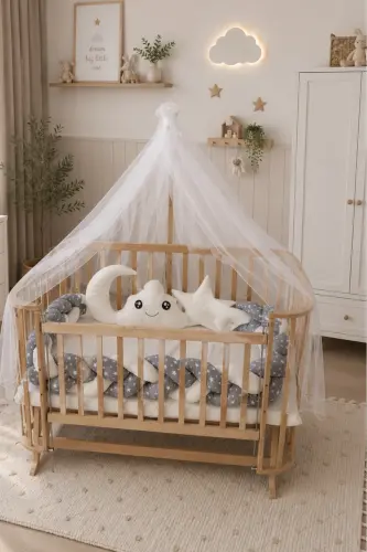 Mabela Crib Wooden Gray With White Braided Protection Set - Gray White - 3