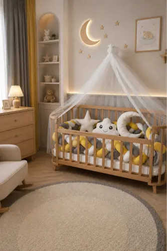 Mabela Beşik Ahşap sarı gri beyaz Örgü Koruma Set Ile - sarı gri beyaz - BEBEK ON FOR (1)