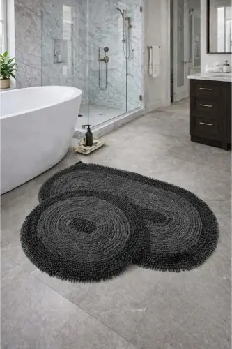 Macaroni Oval Black 2-Piece Bathroom Mat Set Natural Cotton Bath Rug Toilet Set - Black - 1