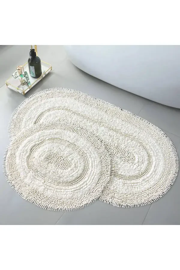 Macaroni Oval Cream 2-Piece Bath Mat Set 100% Cotton Bath Rug Toilet Set - 1