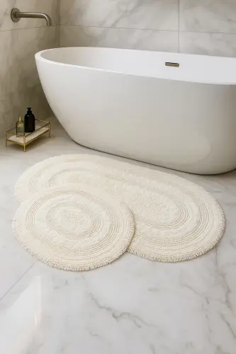 Macaroni Oval Cream 2-Piece Bath Mat Set 100% Cotton Bath Rug Toilet Set - 3