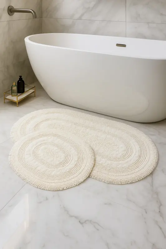 Macaroni Oval Cream 2-Piece Bath Mat Set 100% Cotton Bath Rug Toilet Set - 3