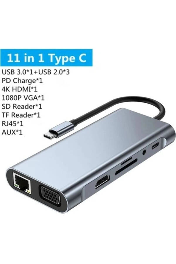 Macbook Pro Air Type C Hub Pd Şarj Hdmı Sd Network Vga Girişli 11 In 1 Hub Çevirici Dönüştürücü - 4