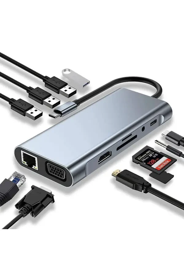 Macbook Pro Air Type C Hub Pd Şarj Hdmı Sd Network Vga Girişli 11 In 1 Hub Çevirici Dönüştürücü - 1