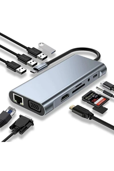 Macbook Pro Air Type C Hub Pd Şarj Hdmı Sd Network Vga Girişli 11 In 1 Hub Çevirici Dönüştürücü - 5