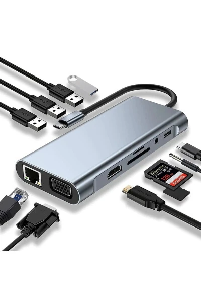 Macbook Pro Air Type C Hub Pd Şarj Hdmı Sd Network Vga Girişli 11 In 1 Hub Çevirici Dönüştürücü - 6