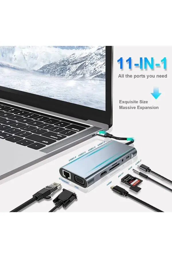 Macbook Pro Air Type C Hub Pd Şarj Hdmı Sd Network Vga Girişli 11 In 1 Hub Çevirici Dönüştürücü - 8
