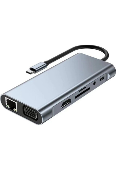 MacBook Pro Air Type-C Hub PD Şarj HDMI SD Network VGA Girişli 11'in 1 Hub Çevirici Dönüştürücü - 7