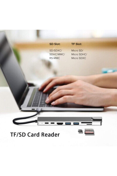 Macbook Pro Air Usb Type-c Hub Dönüştürücü Çevirici Çoklayıcı Usb Hdmı Micro Sd 8 Girişli - 8