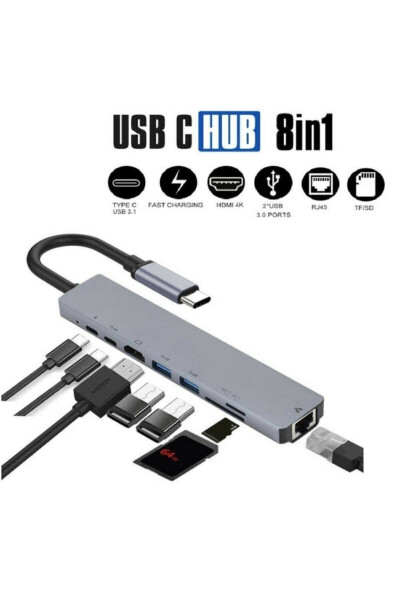 Macbook Pro Air Usb Type-c Hub Dönüştürücü Çevirici Çoklayıcı Usb Hdmı Micro Sd 8 Girişli - 12