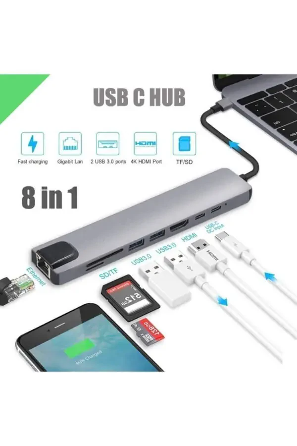 Macbook Pro Air Usb Type-c Hub Konvertor Adapter Splitter Usb Hdmı Micro Sd 8 Kirishli - 5