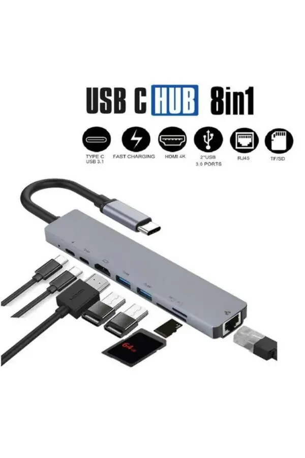 Macbook Pro Air Usb Type-c Hub Konvertor Adapter Splitter Usb Hdmı Micro Sd 8 Kirishli - 6