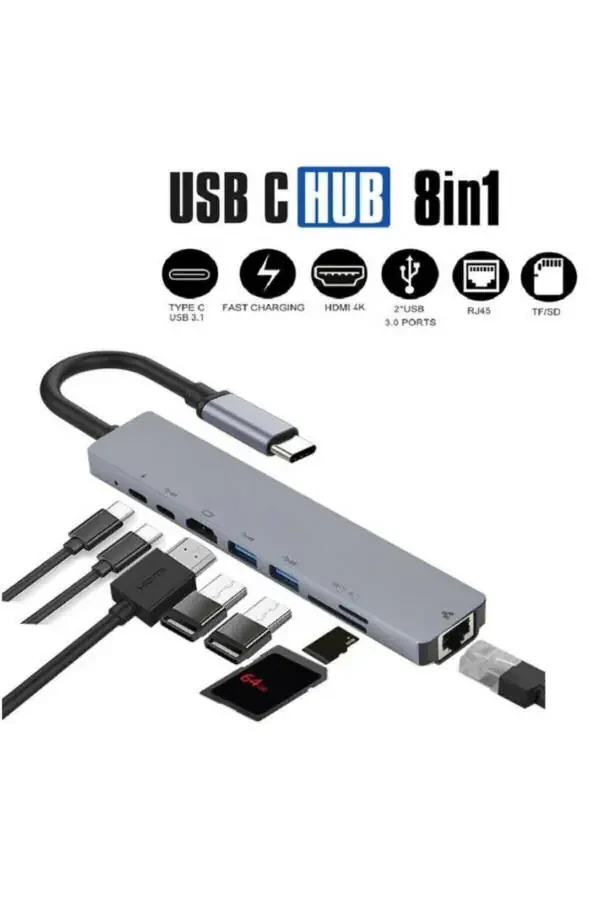 Macbook Pro Air Usb Type-c Hub Konvertor Adapter Splitter Usb Hdmı Micro Sd 8 Kirishli - 12