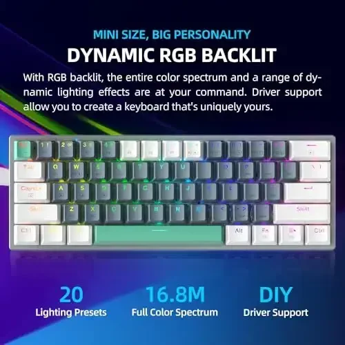 Machenike K500A-B61W 60% Mechanical Wireless Gaming Keyboard, 61 Keys Ultra-Compact Hot Swappable Linear Brown Switch, Dynamic RGB Backlit, Anti-Ghosting, Double-Shot PBT Keycaps, Win/Mac, White - 3