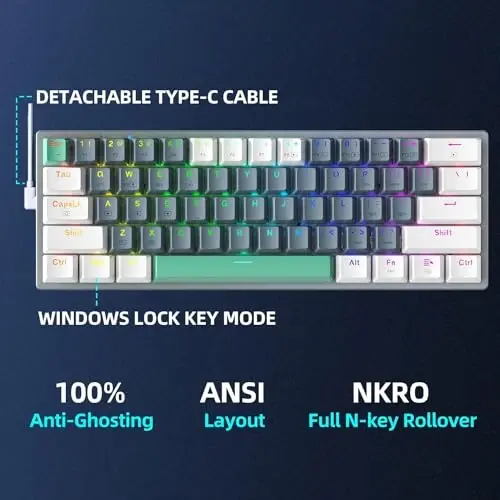 Machenike K500A-B61W 60% Mechanical Wireless Gaming Keyboard, 61 Keys Ultra-Compact Hot Swappable Linear Brown Switch, Dynamic RGB Backlit, Anti-Ghosting, Double-Shot PBT Keycaps, Win/Mac, White - 5