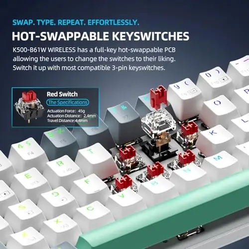 Machenike K500A-B61W 60% Mechanical Wireless Gaming Keyboard, 61 Keys Ultra-Compact Hot Swappable Linear Red Switch, Dynamic RGB Backlit, Anti-Ghosting, Double-Shot PBT Keycaps, Win/Mac, White - 4